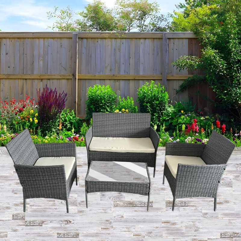 Rattan Garden Furniture Set 4 Piece Table Chairs Sofa Wicker Outdoor Patio Set, Grey