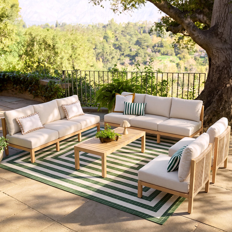 Ensemble de conversation d'extérieur en bois d'acacia Ventura Modern Coastal, 5 Pcs: Table, 2 Sofas, 2 Chairs