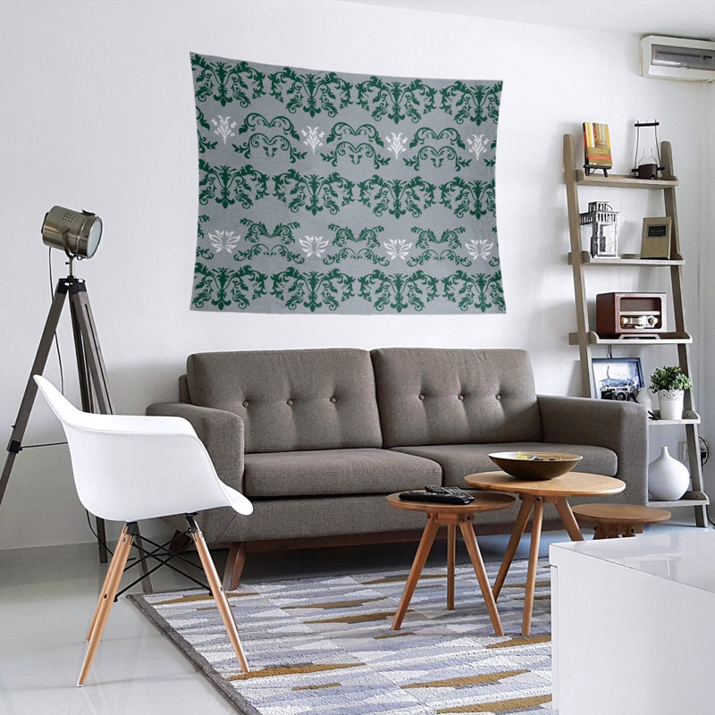 Tapisserie baroque en microfibre New York, H 68 po x l 80 po, Gris / vert / blanc