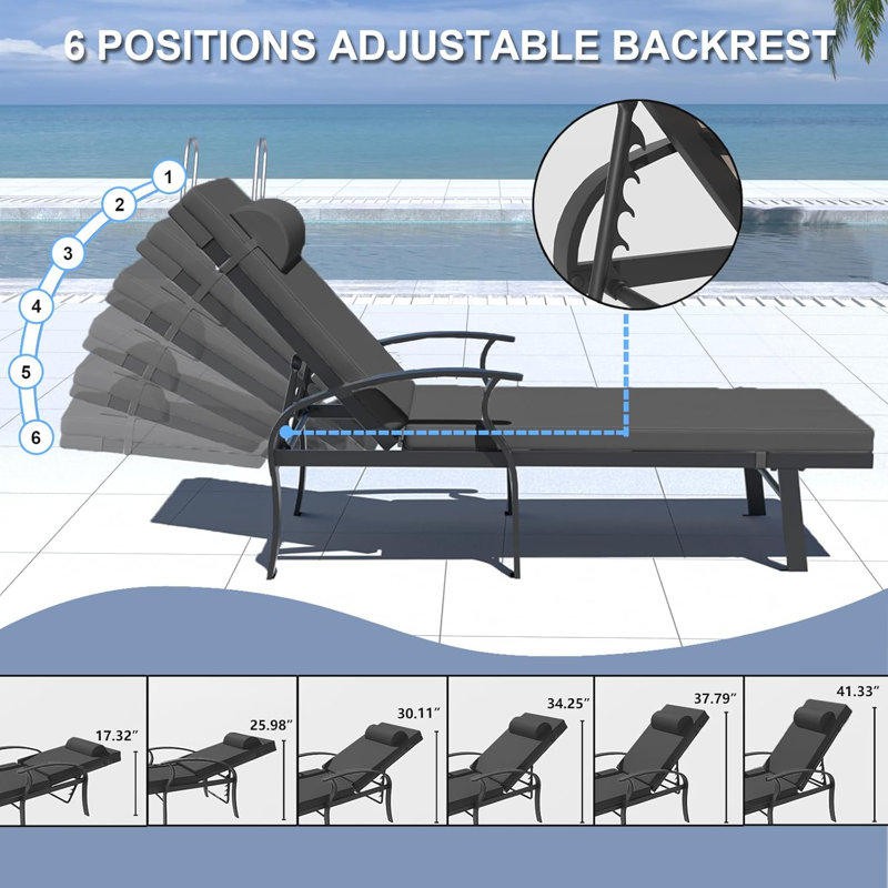 Deianna Adjustable Outdoor Aluminum Chaise Lounge Chair with Cushions, Ergonomic Armrests & Rust-Resistant Frame for Sunbathing