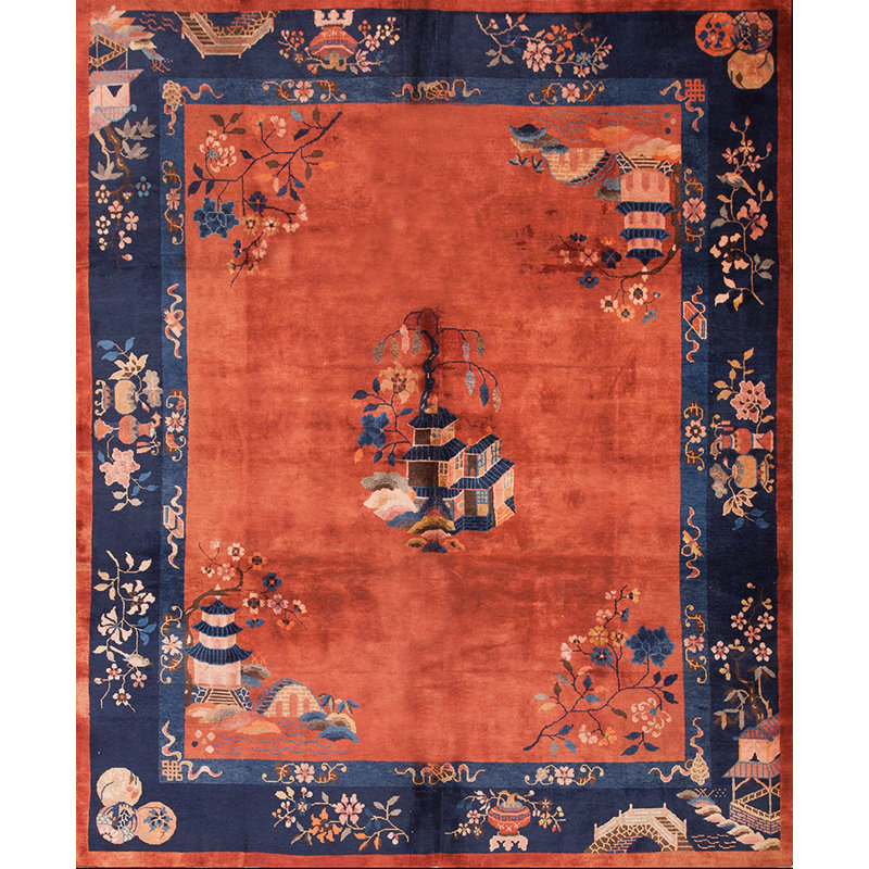 Tapis antique chinois à motif médaillon en laine noué à la main Art Deco