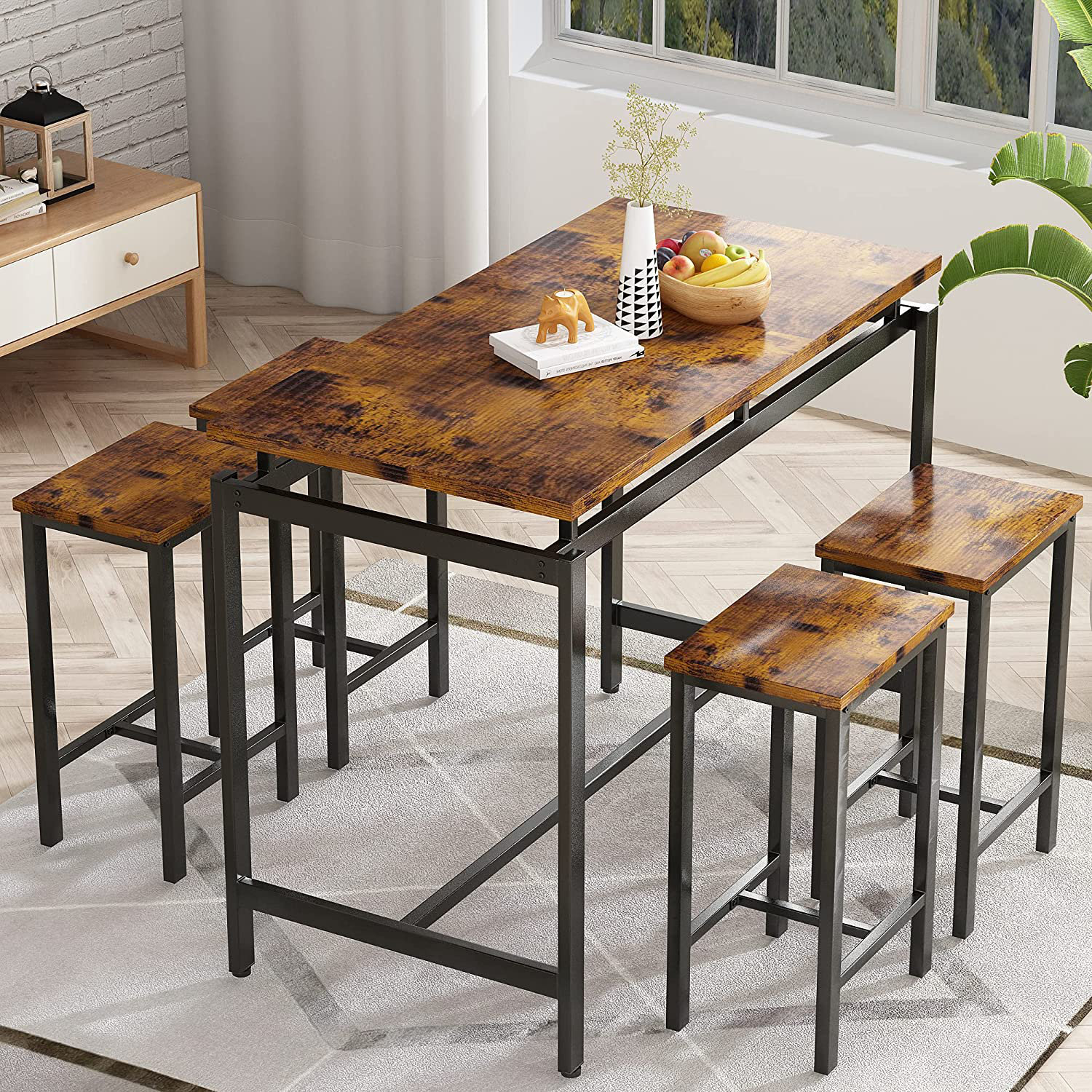 5-Piece Dining Room Table Set, Compact Wooden Kitchen Table and 4 Chairs  with Metal Legs Dinette Sets, Industrial Style Kitchen Table and Chairs for