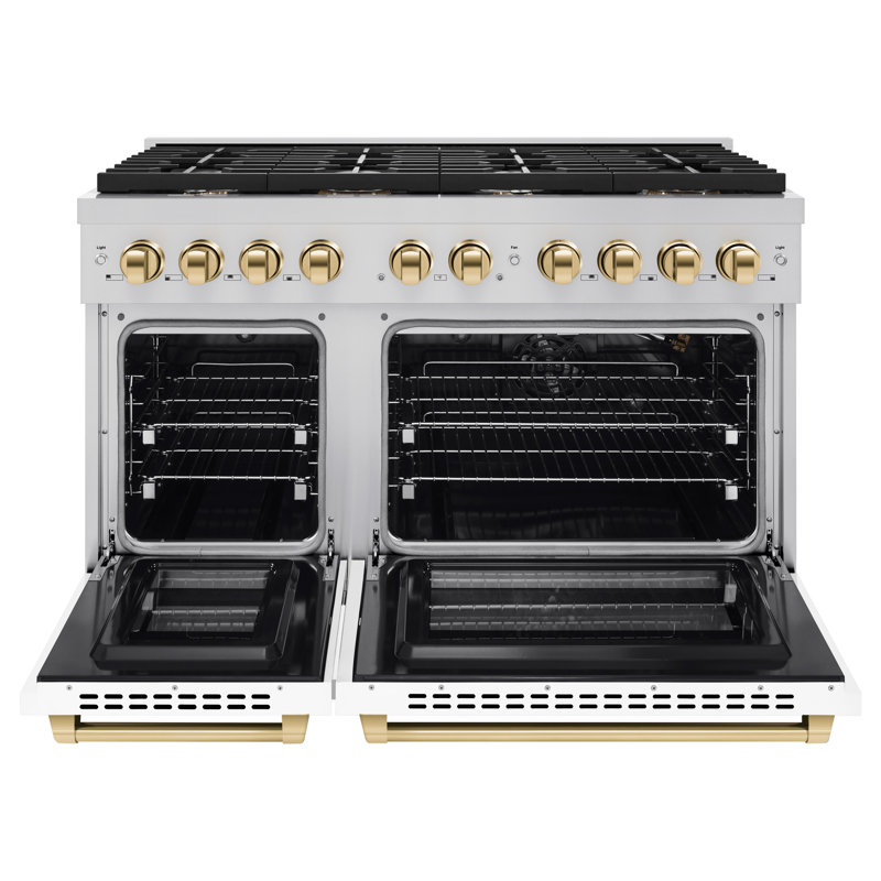 ZLINE Autograph Edition 48 po. 6,7 pi cu Plaque de cuisson à gaz à deux brûleurs en acier inoxydable avec portes blanches mates et accents dorés polis (SGRZ-WM-48-G)