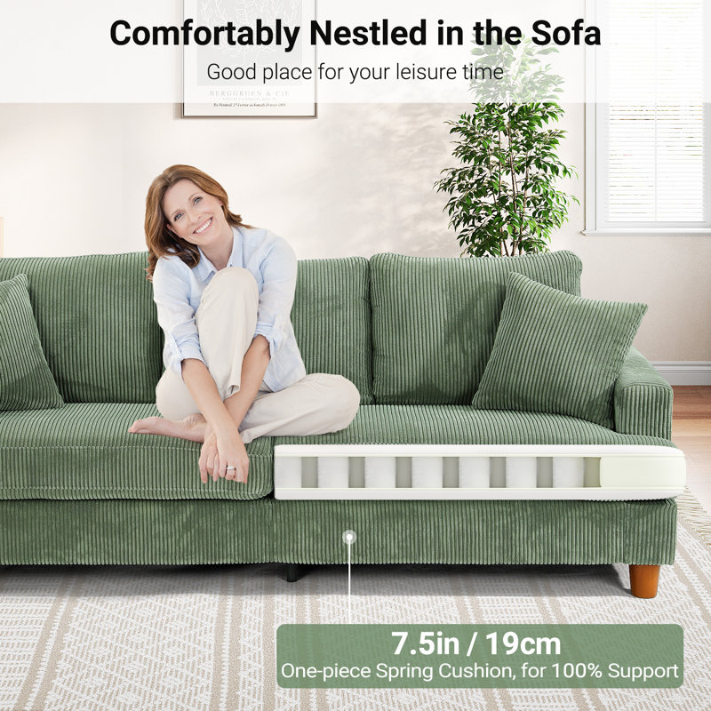 87"Solid Wood Leg Corduroy 3-Person Sofa with 2 Pillows, Green