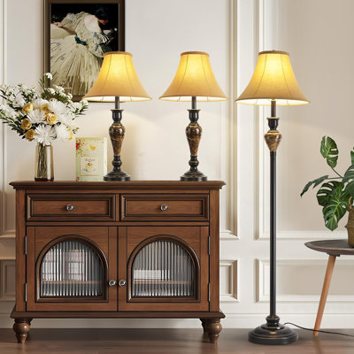 Ensemble de 3 lampes de salon, lampe de table rétro et ensemble de 3 lampes sur pied, base en fer stable avec abat-jour en tissu brun pour le bureau de la salle de lecture