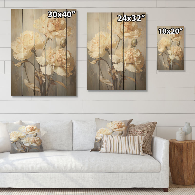 Minimalisme, œillets et bourgeons I - œillets, art mural sur bois de pin naturel, H 20 po x l 10 po
