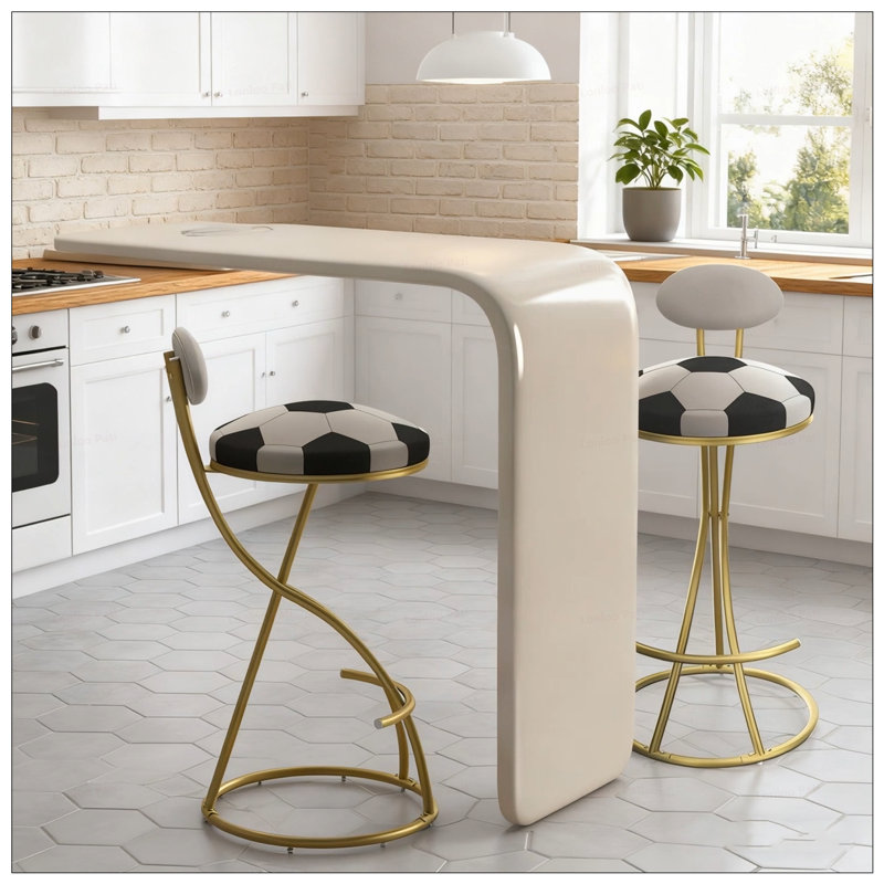 Football Print Bar Stools With Velvet Upholstery And Ergonomic Design For Comfortable Seating In Kitchen And Bar Areas, Gold