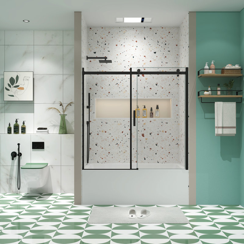 Porte de baignoire coulissante, verre trempé 5/16 po, noir mat, porte de douche noire haute technologie pour baignoire, sensation confortable