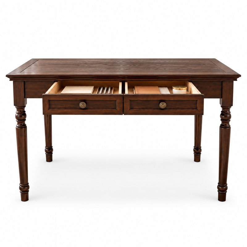 Bureau en bois de style campagnard français avec pieds tournés et deux tiroirs, idéal pour le bureau à domicile et les études.