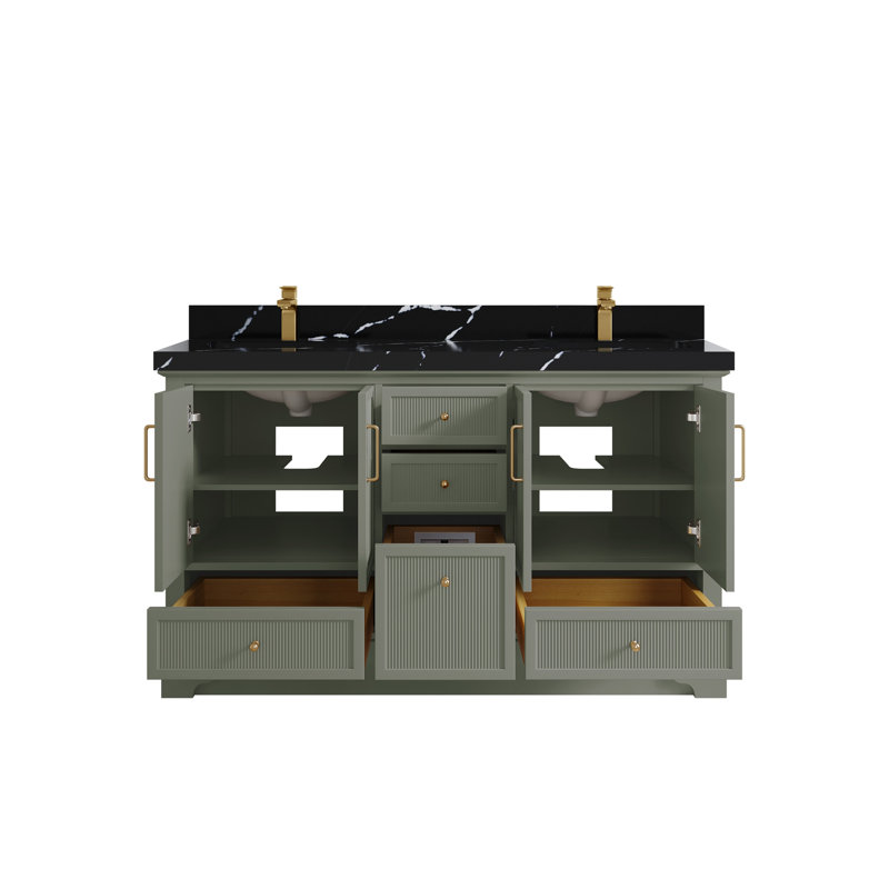 Meuble-lavabo double autoportant 60 po avec plateau en quartz Alys (option boutons)