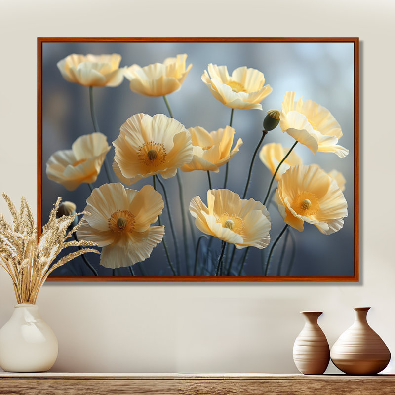 Jaune, gris, coquelicots, magie, merveille I - coquelicots, art mural, Toile avec cadre flottant brun