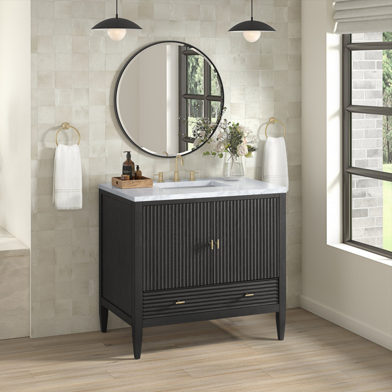 Myrrin 36'' W Single Vanity, Carbon Oak, White Zeus, 8" Widespread