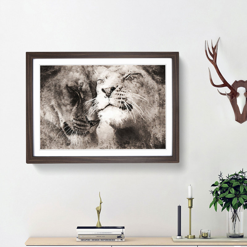 Pair of Loving Lions - Picture Frame Graphic Art Print, Walnut Framed, 27cm H x 36cm W x 2cm D