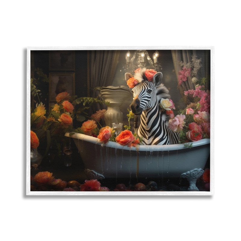 «Zebra Bathing with Florals», art de la giclée encadrée par Lazar Studio, H 24 po x l 30 po
