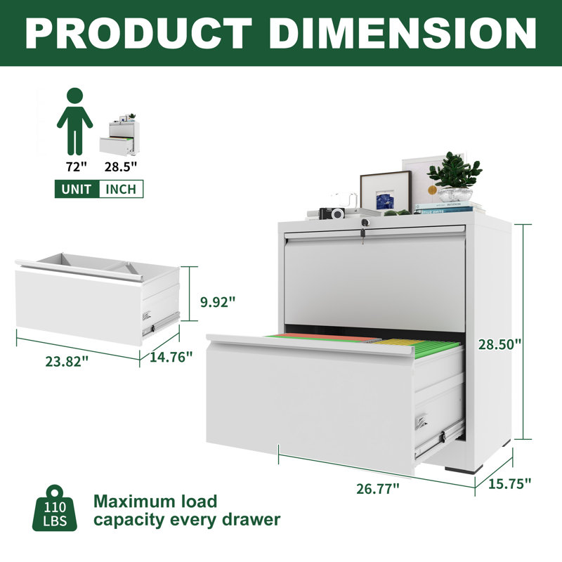 2 Drawer Lateral File Cabinet with Lock, White