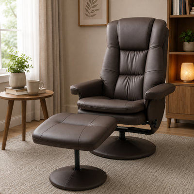 Fauteuil inclinable pivotant en similicuir brun avec repose-pieds assorti, ensemble de salon rond à base enveloppée pour le salon