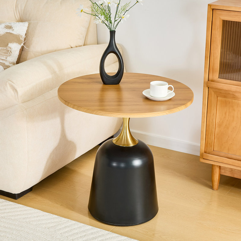 Table basse circulaire, table basse, table de salon à base en métal, décoration moderne simple grain de bois, bureau de tête de lit canapé unique.