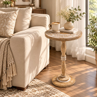 Table d'appoint en bois massif sculpté à la main – Blanchi