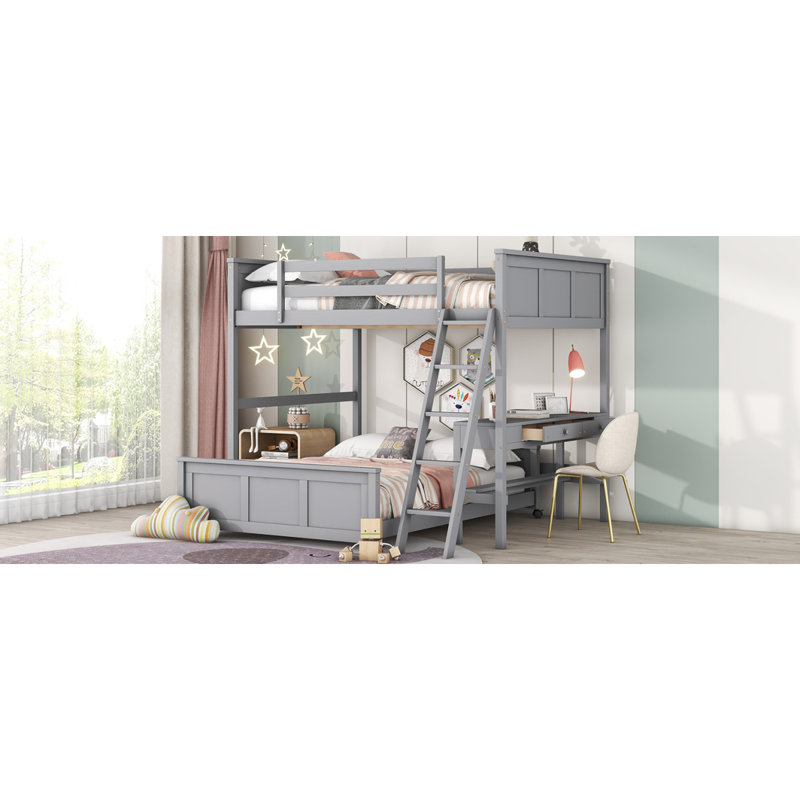 Lit double superposé au dessus d'un lit double avec bureau, gris