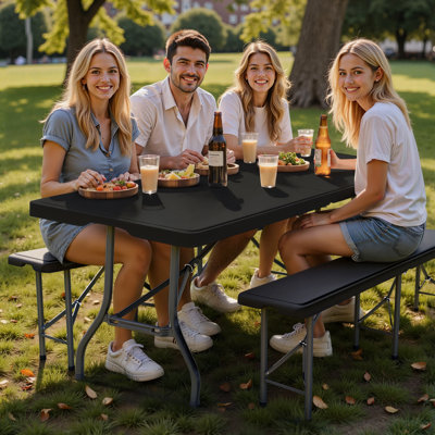 3 Piece 6-Foot Folding Table and Bench Set,  Portable & Heavy Duty, HDPE Plastic Top with Steel Frame, Indoor & Outdoor Use, Black
