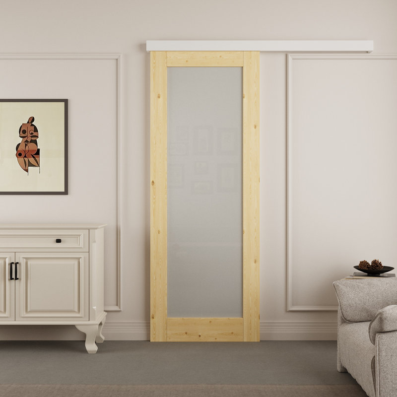 Porte de grange coulissante en verre massif givré avec ensemble de quincaillerie Hidden Style, 28 po x 80 po