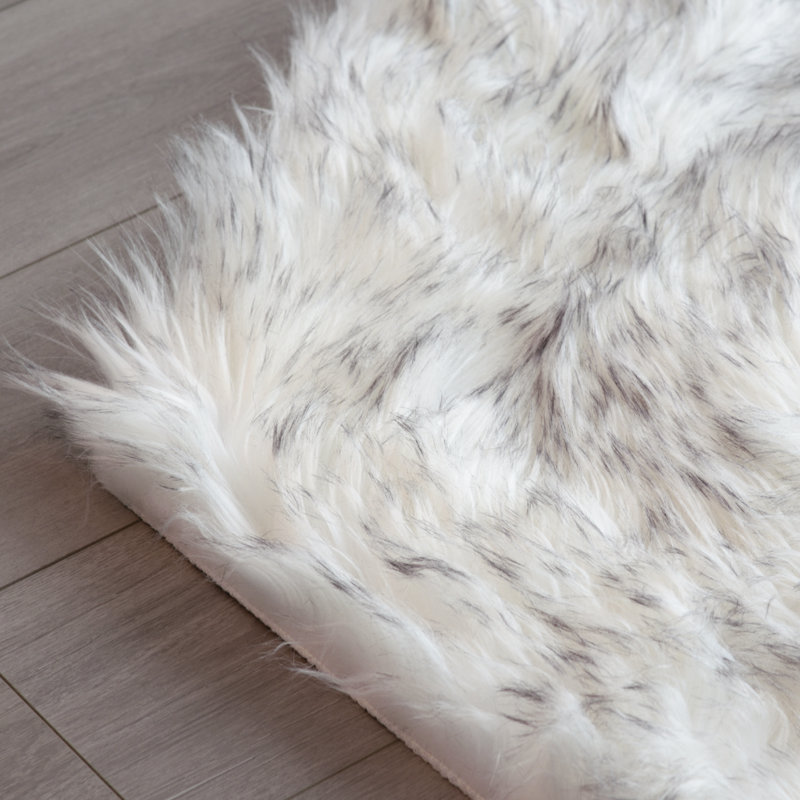 Haja Shag Faux Sheepskin Fur White Fluffy Area Rug with Gray Tips, Runner 2' x 10'