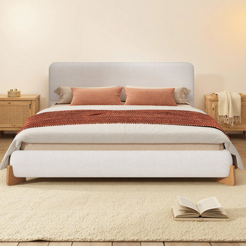 Lit tapissier luxueux avec structure en bois massif, lit plateforme moderne avec pieds et support à 12 lattes, Grand lit