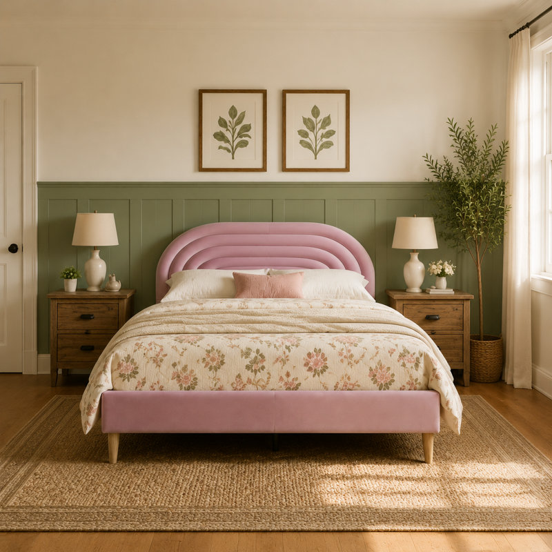 Halis Upholstered Scalloped Bed, Full, Pink Velvet