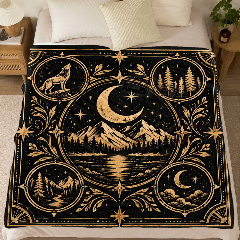 1Pcs Celestial Mountains and Moon Print Flannel Blanket – Vintage Style Design;Cozy WarmMachine WashablePerfect for Living Room, Bedroom, Sofa, Couch, Travel, Camping, as a Thoughtful Gift. Bedding and sofa items
