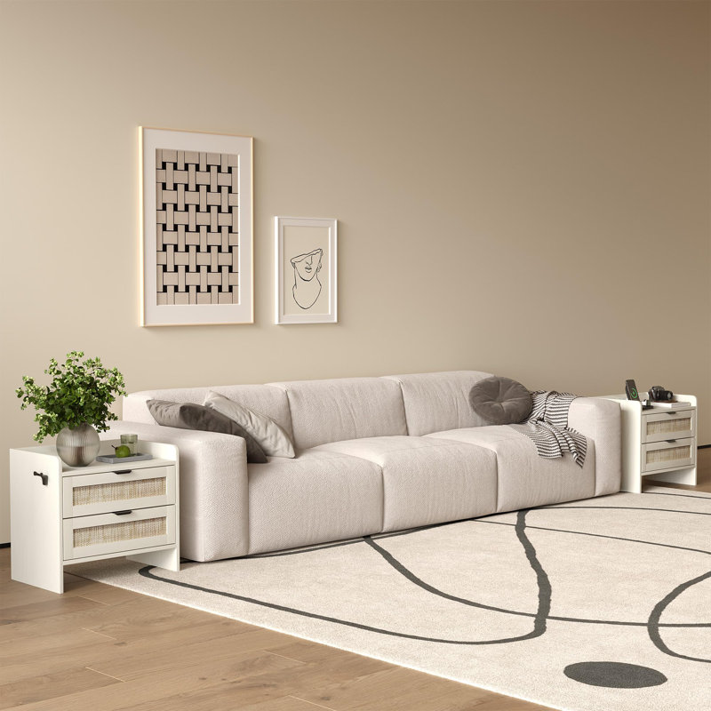 Rattan Nightstand Set of 2, Bedside Table with Type-C Charging Station - 2 Drawer Space, Boho End Table Side Table, White