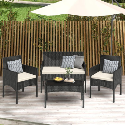 Ensemble de meubles de patio 4 pièces, ensemble de conversation en rotin de rotin avec coussin imperméable et table pour la cour, le jardin, le balcon, le porche et la piscine (noir)