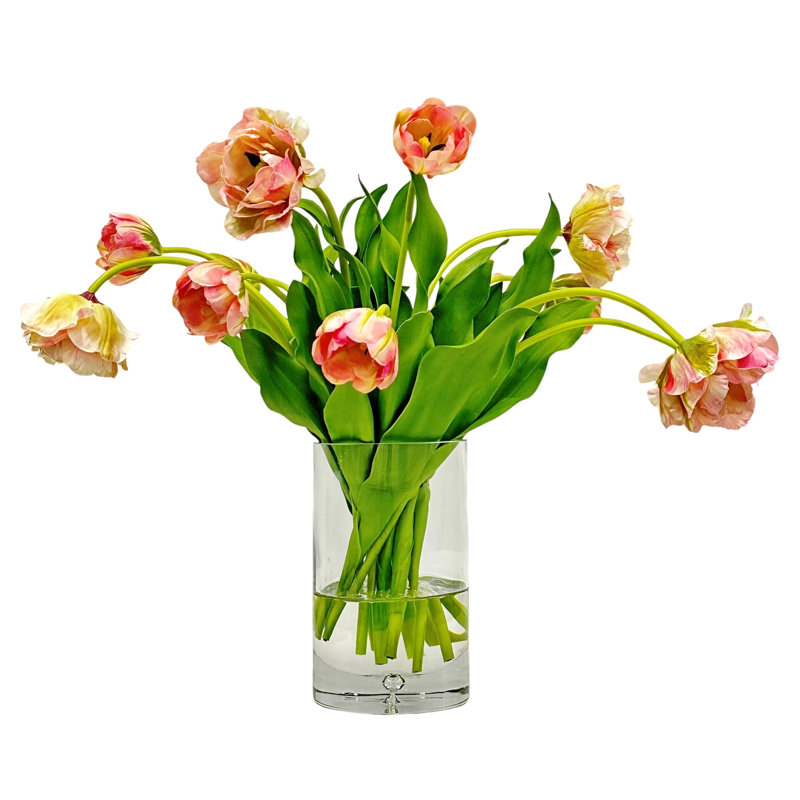 Mauve Pink Double Tulip Arrangement in Clear Glass Cylinder