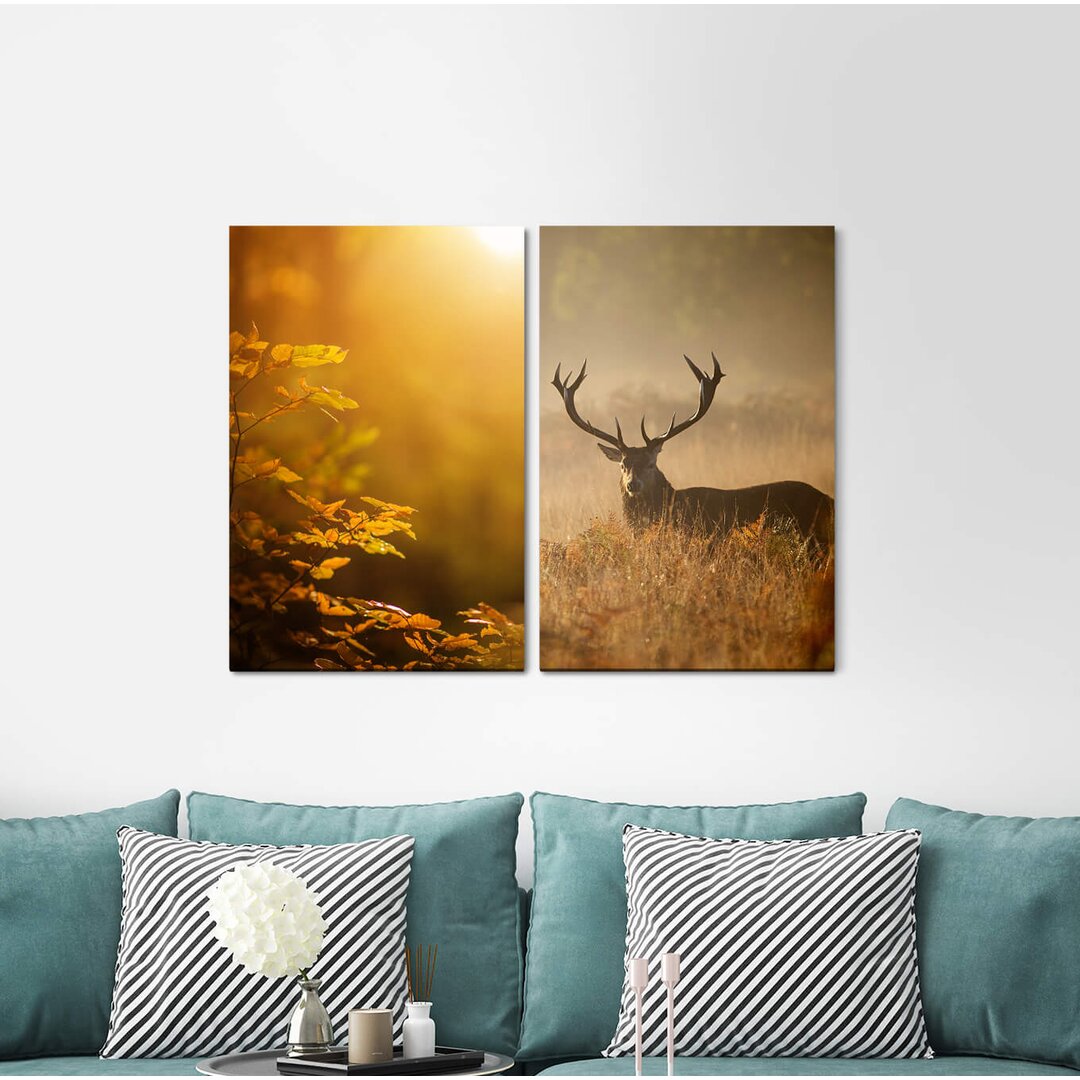 2-tlg. Leinwandbilder-Set - Grafikdruck „Deer Antlers Forest Autumn Peaceful Nature Warm Light”