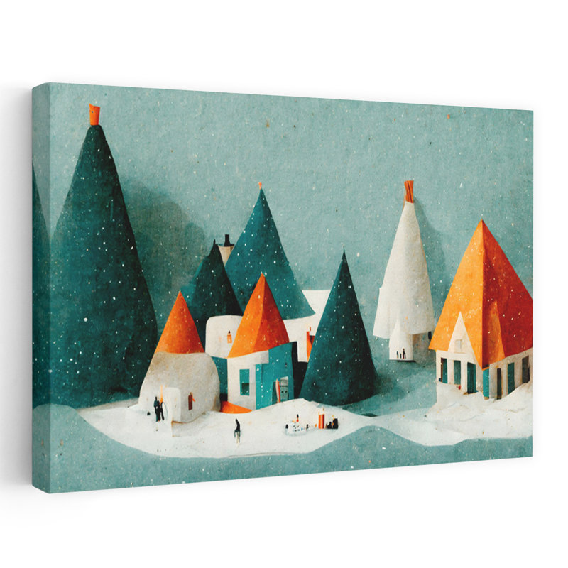 Mignon village abstrait géométrique contemporain pin arbre hiver, impression d'art mural, 32" H x 48" W