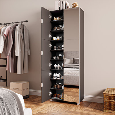 6 Mirror Door Shoe Cabinet - Holds 36 Pairs (size 15), Adjustable Shelves & Ventilation Holes, Dust-proof Engineered Wood Storage For Entryway/hallway/apartment