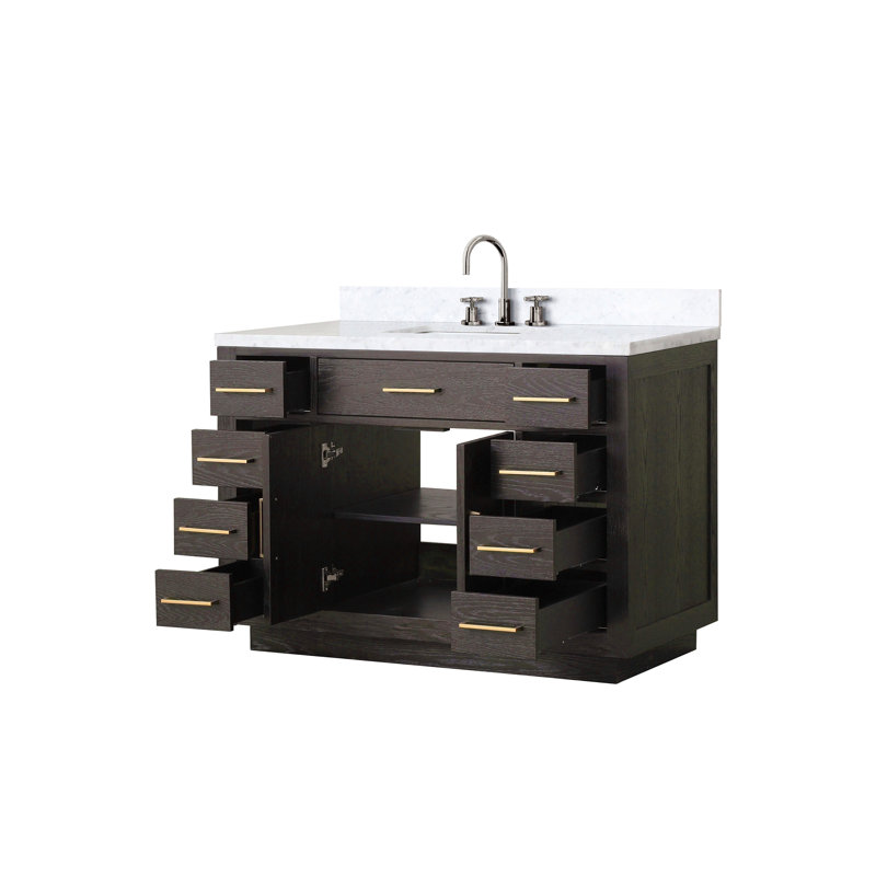 Meuble-lavabo simple en chêne 48 po X P 22 po D, dessus en marbre de Carrare et ensemble de robinet, Brown, Doré