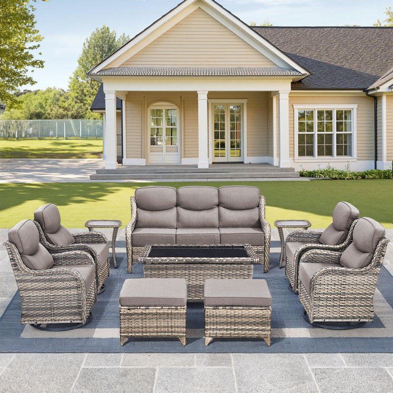 10 Pieces Patio Furniture Set, Outdoor Wicker Sofa Couch With Swivel Chairs And Coffee Table, All Weather High Back Modern Conversation Sets