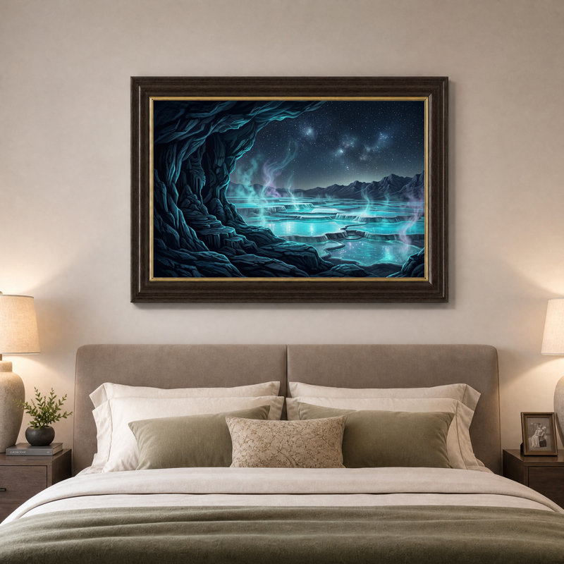 Tableau sur toile représentant une vue de grottes aux bassins en terrasses d'un bleu éclatant sous les étoiles