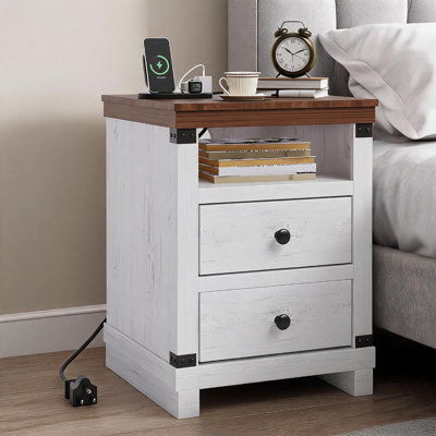 Nightstand with Charging Station & Storage, Modern Rustic Bedside Tables with 2 Drawers & Open Shelf, USB & AC Outlets