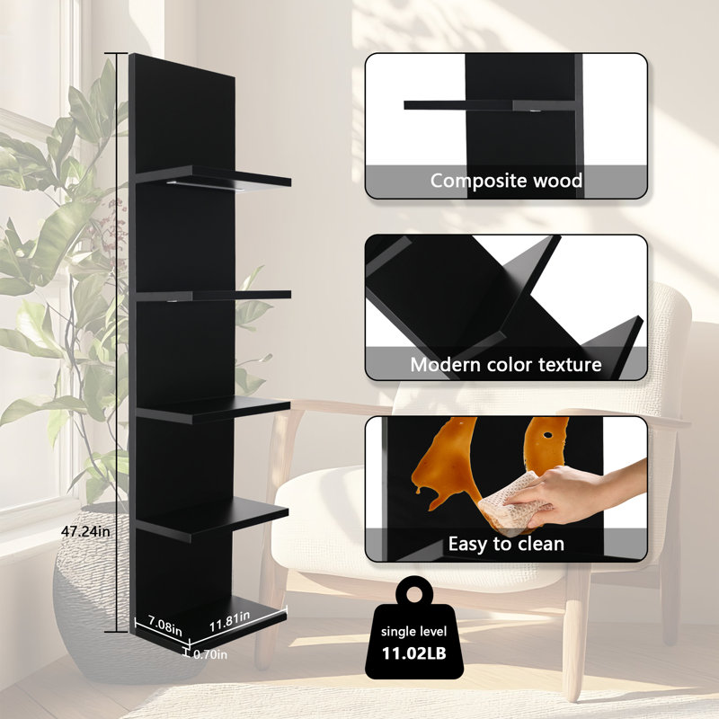 Deangelos 5 Tier Wall Shelf with LED Lights, Black