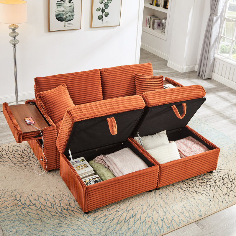 Fauteuil relax confortable en velours côtelé moelleux avec deux poufs, tablette, mousse orange et ressorts, espace de rangement, multifonctionnel surdimensionné, méridienne douce en tissu de haute qualité, accoudoirs multifonctions et