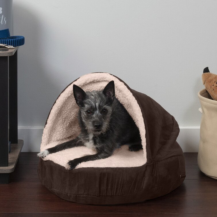 Wave Fur & Velvet Snuggle Cave Orthopedic Hooded Dog Bed