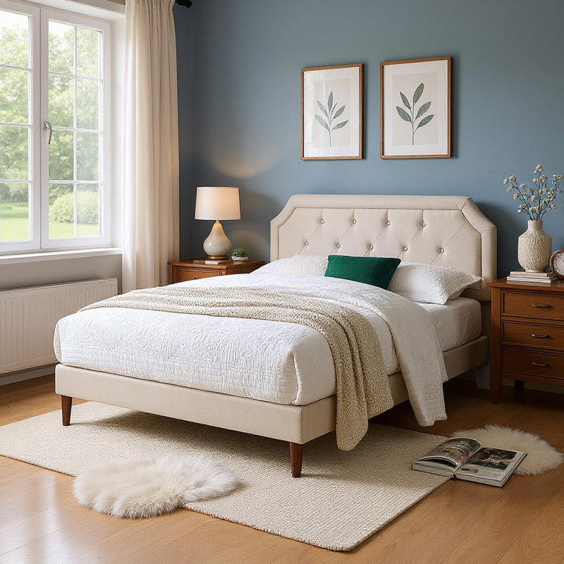 Upholstered Platform Bed, Beige, Queen