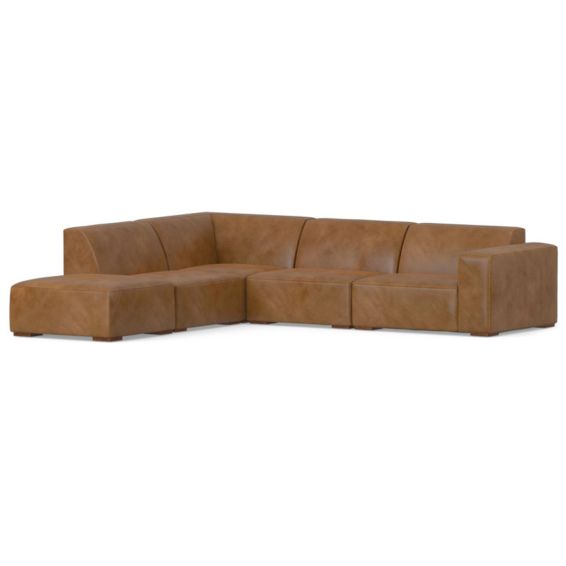 Rex 5 - Piece Modular Genuine Leather Sectional with Ottoman, Caramel Brown, Left Hand Facing