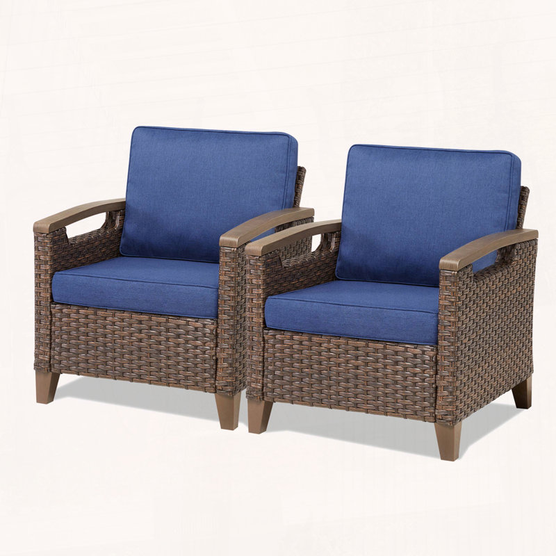 Set of 2 Brown Wicker Patio Lounge Chairs with Ergonomic Armrests and 4 " Cushions""