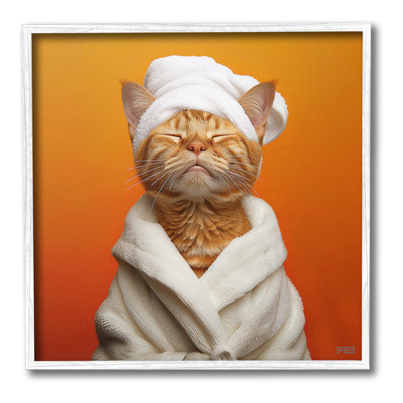 Chat en peignoir, estampe numérique encadrée par RB, Giclée encadrée blanc bord de mer, H 24 po x l 24 po