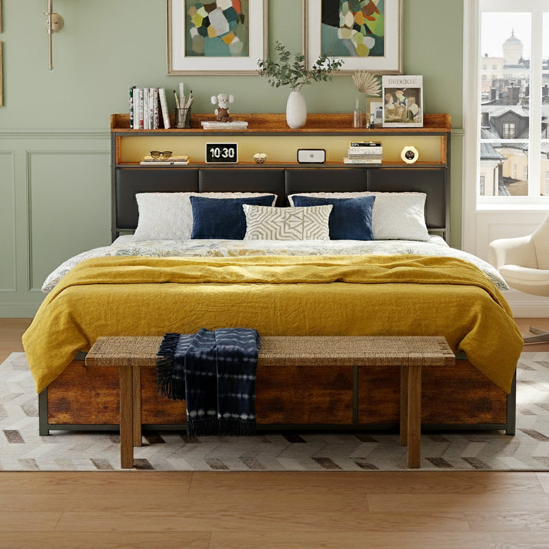 Industrial Upholstered Storage Bed With 4 Drawers, European Double & King Size Bed Frame With LED Headboard & USB Ports, Rustic Oak & Black