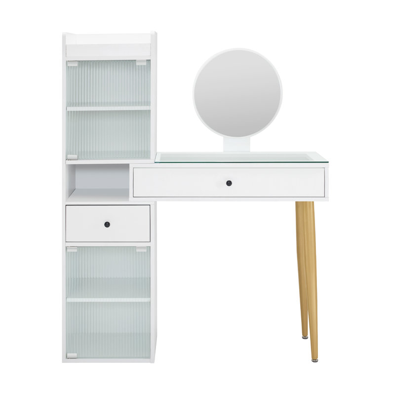 Glass Top White Makeup Vanity Desk with Mirror, Dressing Table with Cabinet with Doors