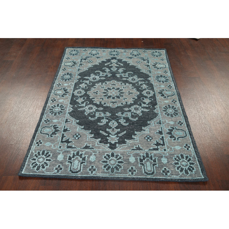 Tapis gris en laine noué à la main de conception unique 4 pi x 5 pi 11 po New Age