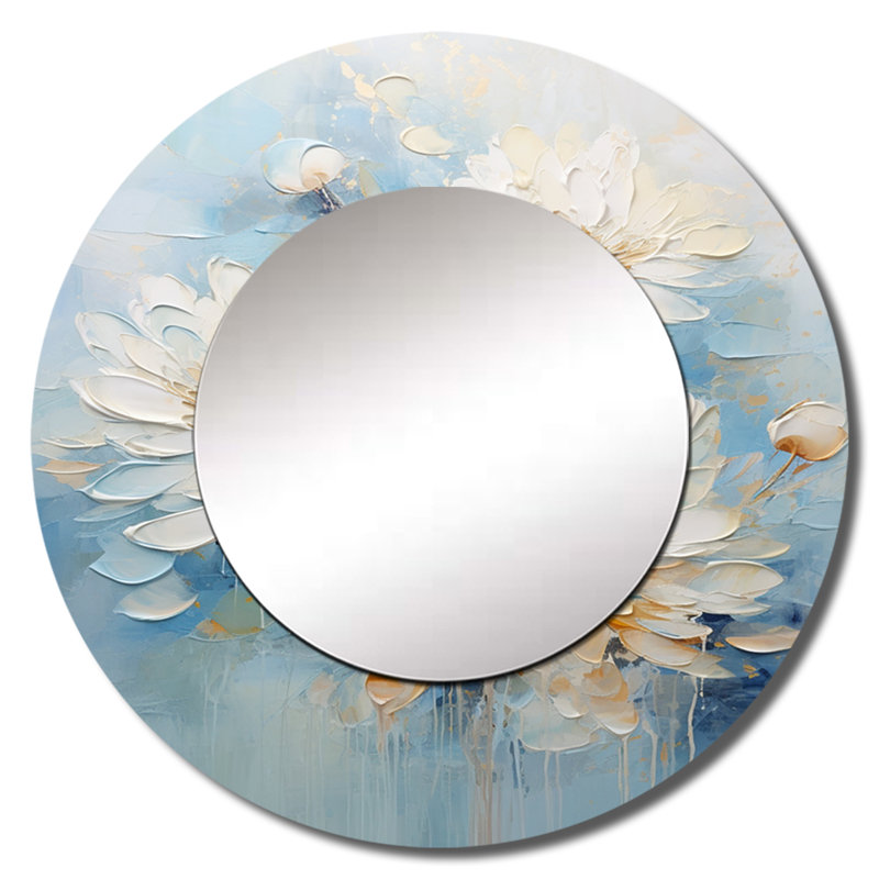 «Rhina White and Blue Chrysanthemums Painted Ink I», miroir mural blanc, art décoratif imprimé, 29 po x 29 po